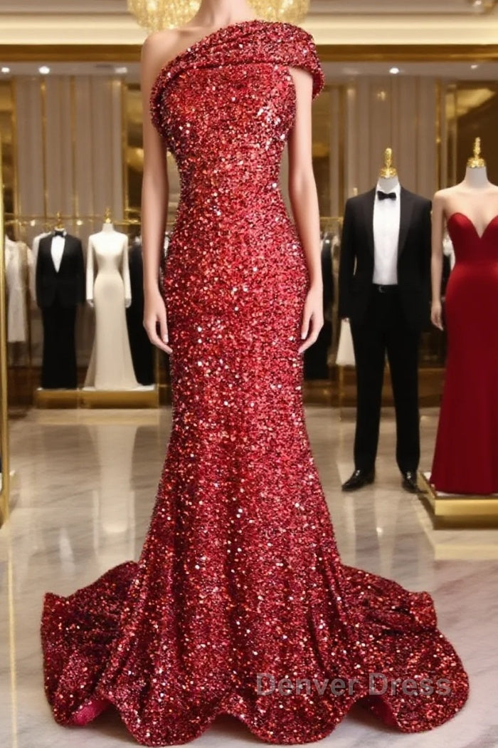 One Shoulder Long Sequins Formal Dresses Burgundy Mermaid Main image
