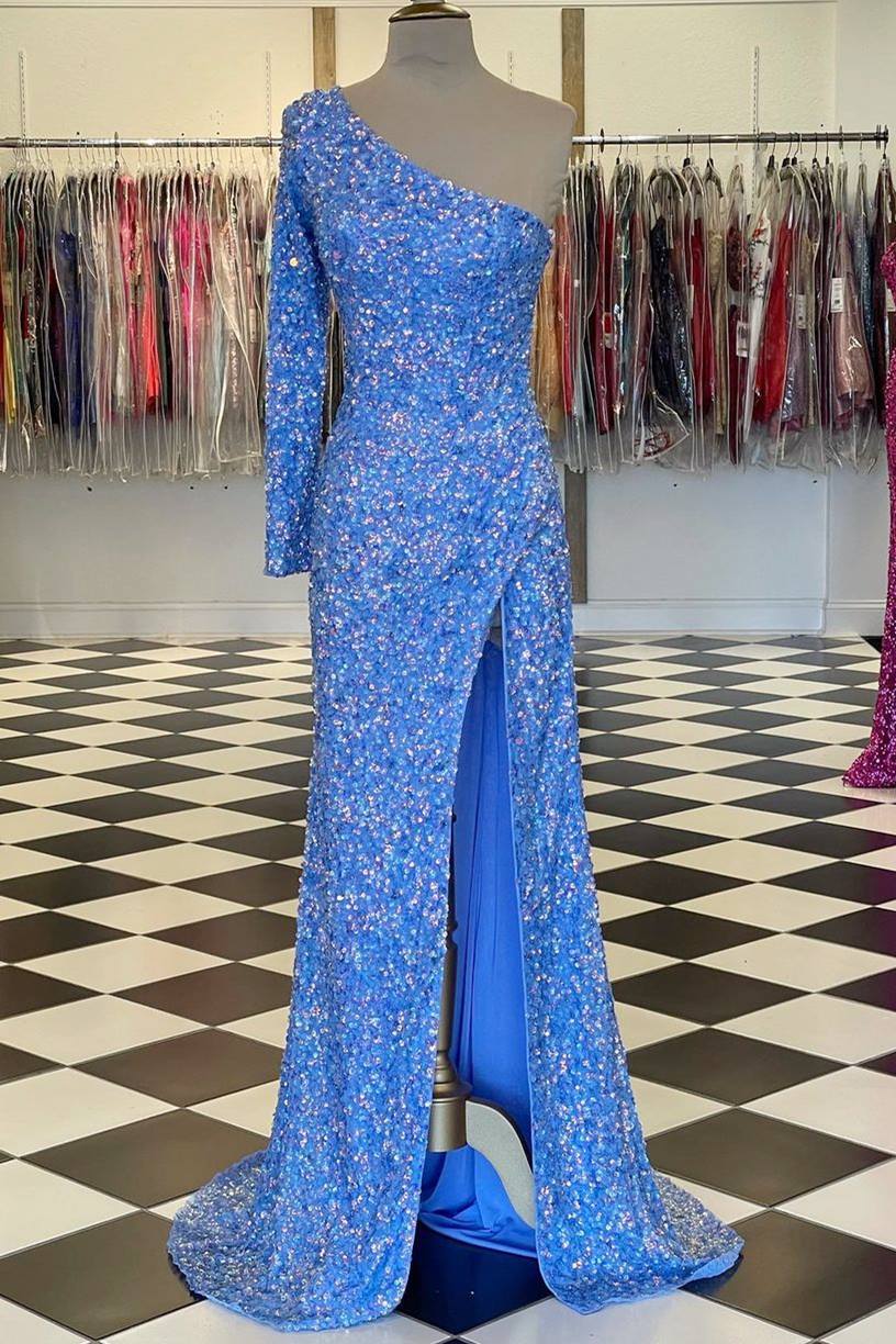 One-Shoulder Long Sleeve Tiffany Blue Sequins Long Prom Dresses