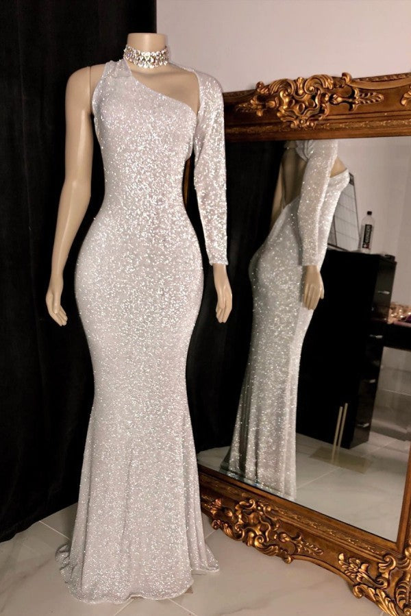 One-Shoulder Long Sleeves Silver Sequins Mermaid Prom Gowns Main image
