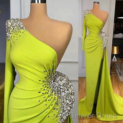 One Shoulder Mermaid Prom Dresses  Arabic Glitter Beaded Side Split Evening Gowns Satin Custom Women Formal Dress