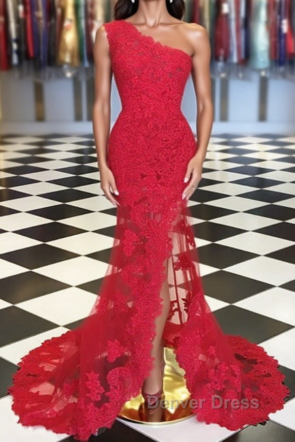 One Shoulder Mermaid Red Lace Long Prom Dresses with High Slit Main image
