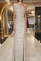 One Shoulder Mermaid Sequins Ivory Long Prom Dress, Open Back Mermaid Ivory Prom Dress, Sequins Ivory Prom Dresses