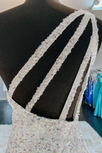 One Shoulder Mermaid Sequins Ivory Long Prom Dress, Open Back Mermaid Ivory Prom Dress, Sequins Ivory Prom Dresses