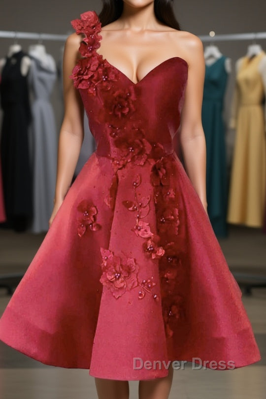 One Shoulder Open Back Burgundy Floral Short Prom Dress, Wine Red Floral Prom Homecoming Dresses Main image