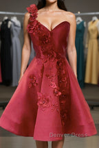 One Shoulder Open Back Burgundy Floral Short Prom Dress, Wine Red Floral Prom Homecoming Dresses