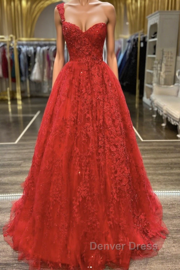One Shoulder Open Back Red Lace Long Prom Dress, Sweetheart Neck Red Lace Prom Dress, Red Prom Dresses Main image