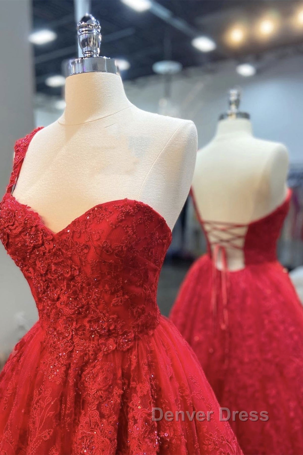 One Shoulder Open Back Red Lace Long Prom Dress, Sweetheart Neck Red Lace Prom Dress, Red Prom Dresses