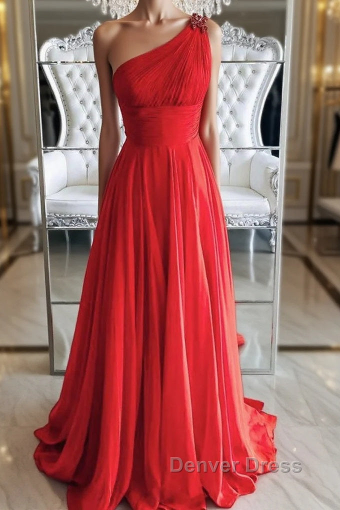 One Shoulder Open Back Red Long Prom Dress, Backless Red Prom Graduation Prom Dresses Main image