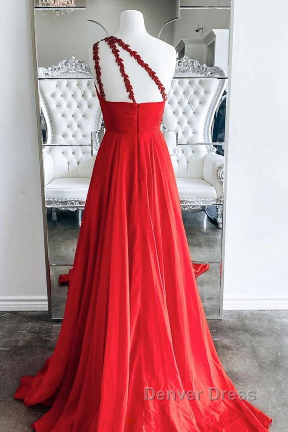 One Shoulder Open Back Red Long Prom Dress, Backless Red Prom Graduation Prom Dresses Secondary image