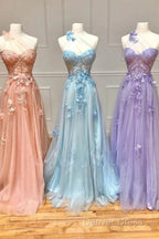 One Shoulder Pink/Blue/Purple Lace Floral Long Prom Dresses