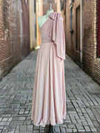 One Shoulder Pink Rustic Bridesmaid Dress Long Maxi Wedding Dress