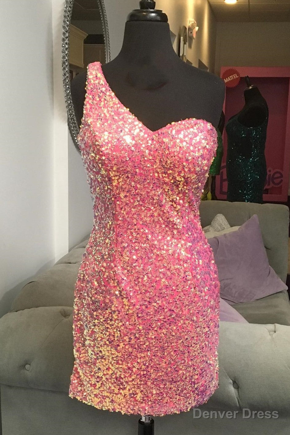 One Shoulder Pink Sequin Bodycon Homecoming Dress Main image
