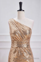 One Shoulder Pleated Gold Sequin Mermaid Bridesmaid Dresses