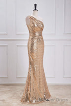 One Shoulder Pleated Gold Sequin Mermaid Bridesmaid Dresses