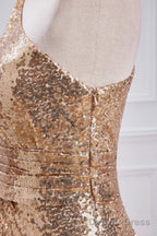 One Shoulder Pleated Gold Sequin Mermaid Bridesmaid Dresses