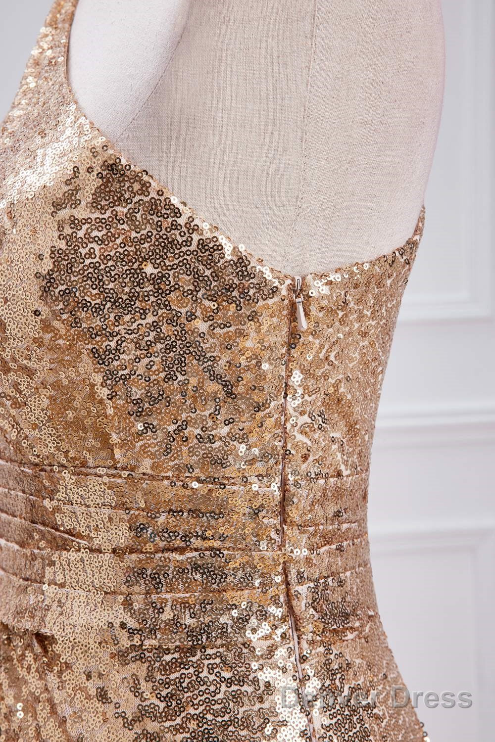 One Shoulder Pleated Gold Sequin Mermaid Bridesmaid Dresses