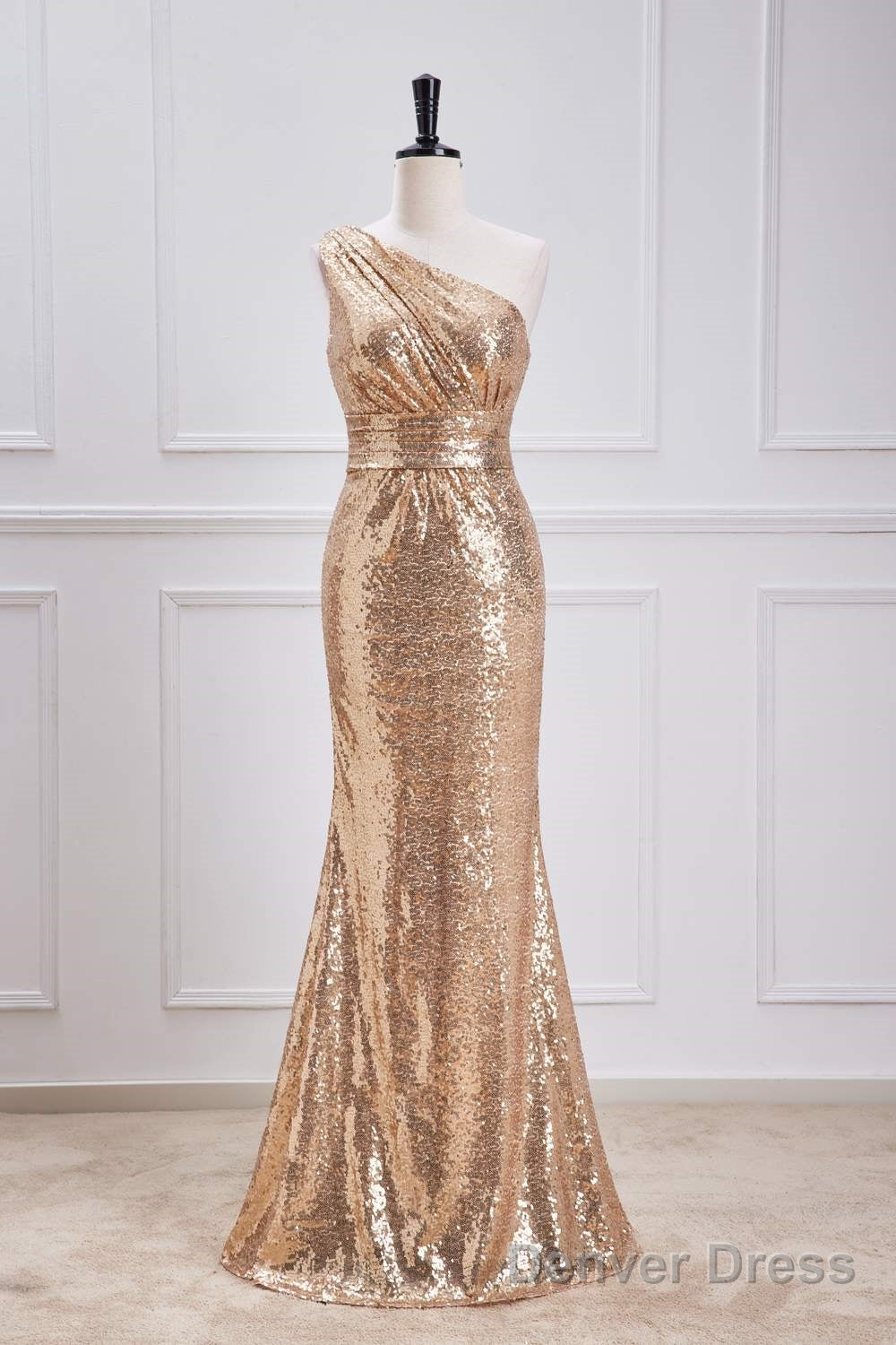 One Shoulder Pleated Gold Sequin Mermaid Bridesmaid Dresses Main image