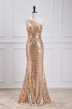 One Shoulder Pleated Gold Sequin Mermaid Bridesmaid Dresses