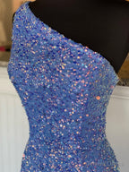 One Shoulder Purple Sequins Long Prom Dress, One Shoulder Purple Long Prom Graduation Dresses