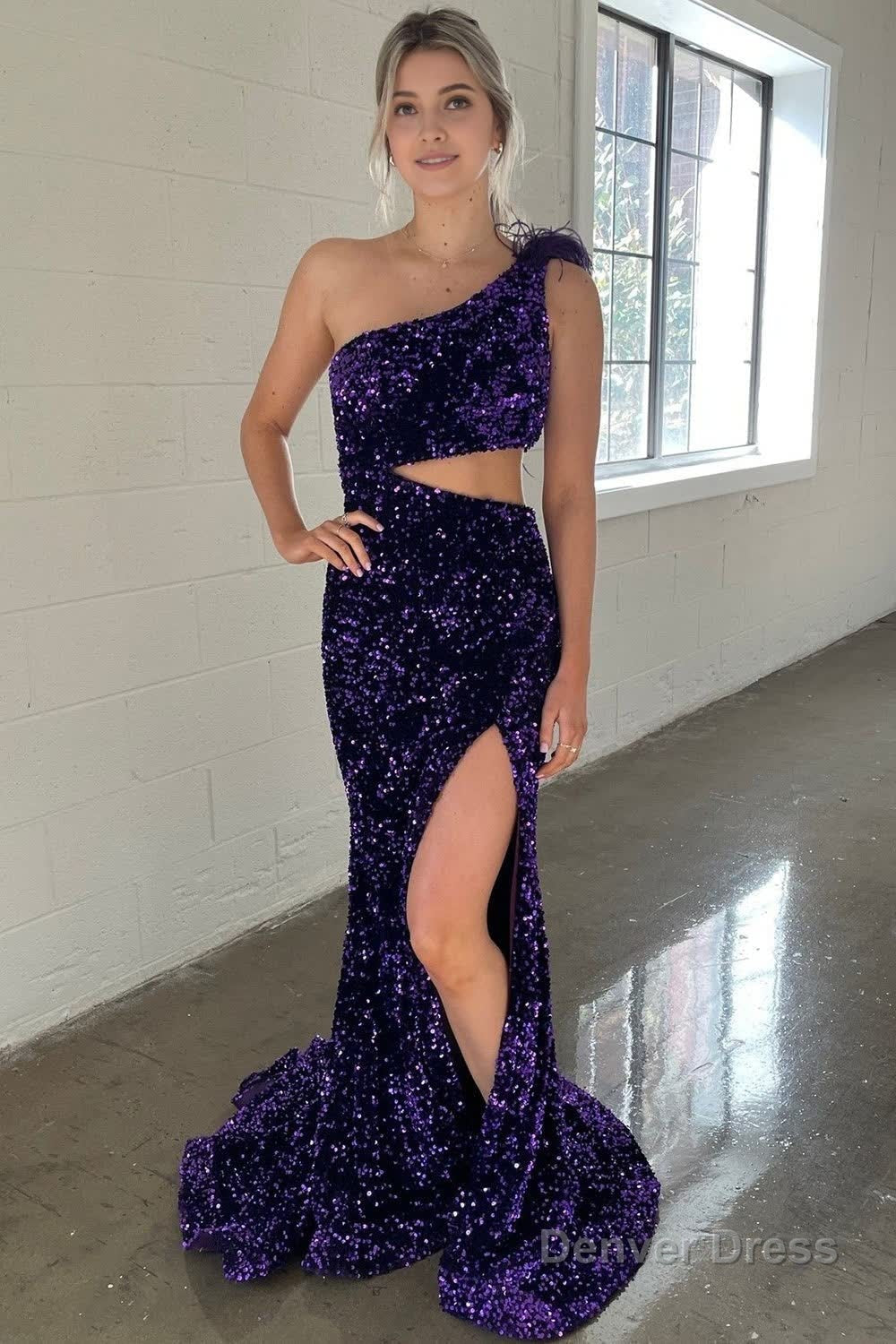 One Shoulder Purple Sparkly Mermaid Sequins Long Prom Dresses with Slit