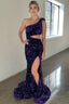 One Shoulder Purple Sparkly Mermaid Sequins Long Prom Dresses with Slit
