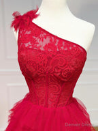 One Shoulder Red Lace High Low Prom Dress, Red High Low Lace Prom Dresses