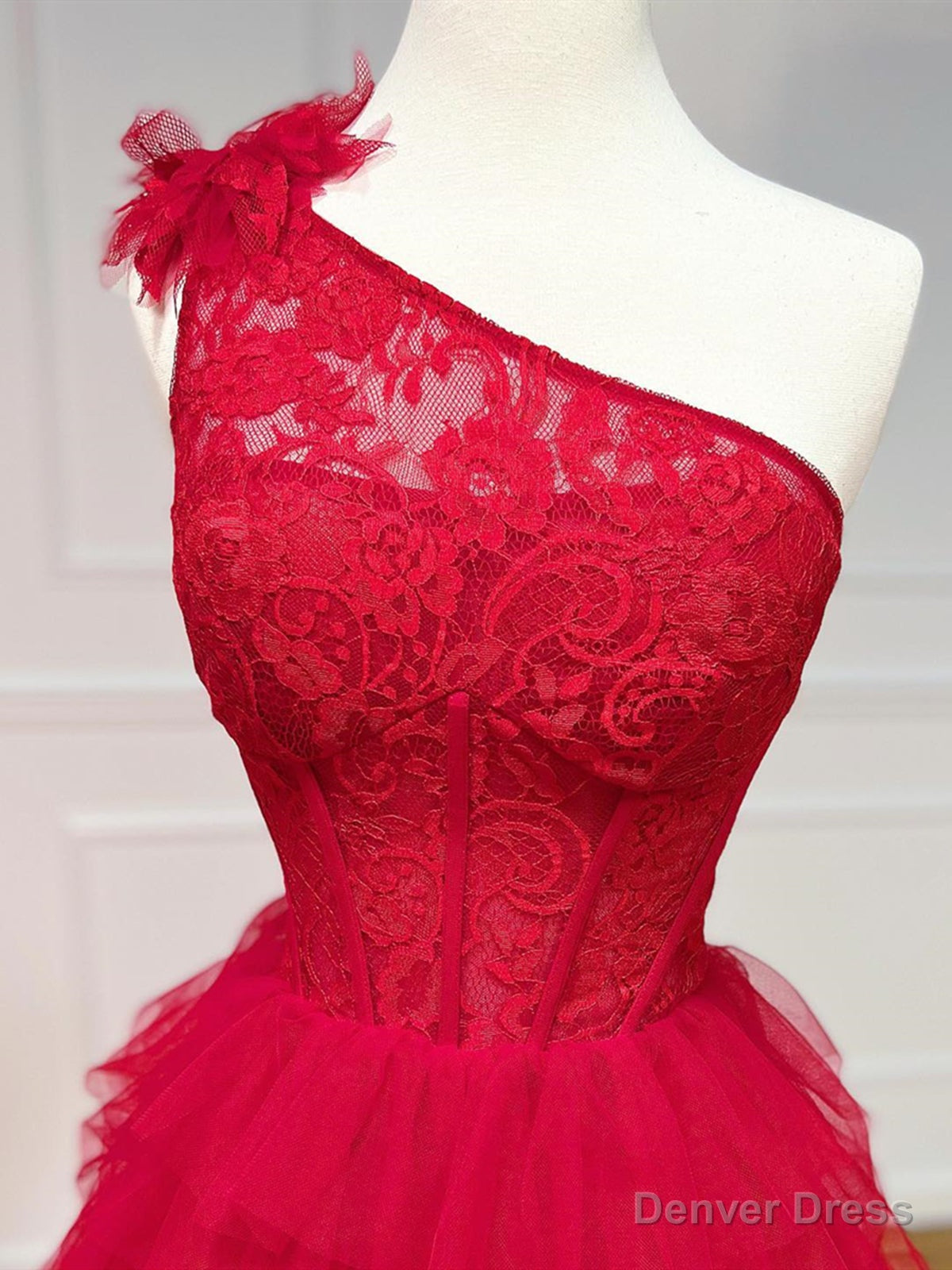 One Shoulder Red Lace High Low Prom Dress, Red High Low Lace Prom Dresses