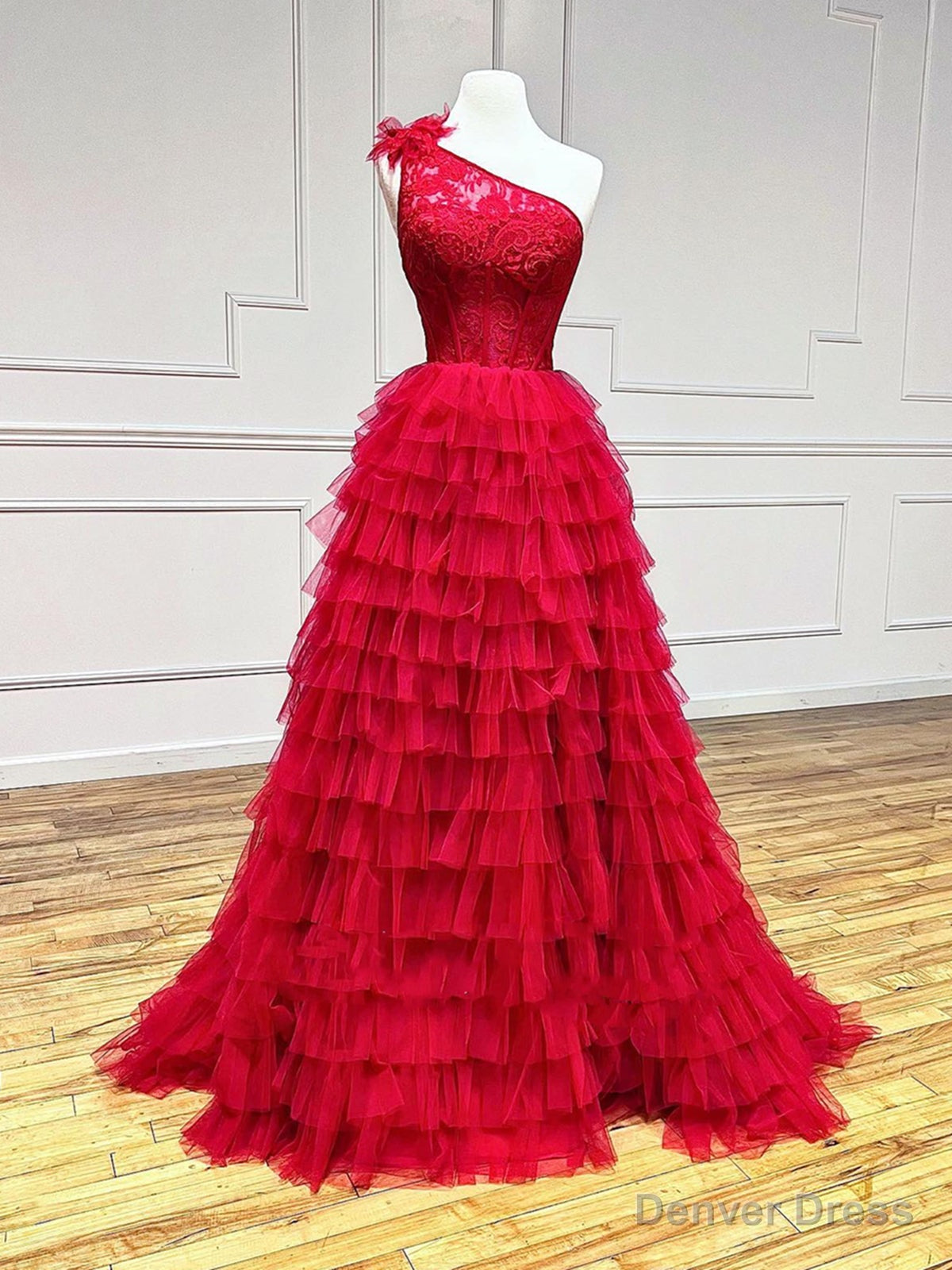 One Shoulder Red Lace High Low Prom Dress, Red High Low Lace Prom Dresses