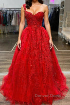 One Shoulder Red Lace Prom Dress, One Shoulder Red Lace Prom Dresses
