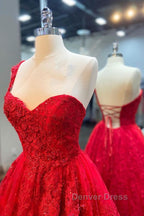 One Shoulder Red Lace Prom Dress, One Shoulder Red Lace Prom Dresses