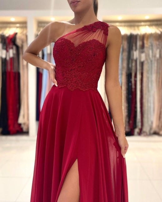 One Shoulder Red Prom Dress Floor Length Sleeveless Maxi Dress With Front Slit