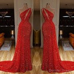 One Shoulder Red Prom Dresses Sequins Long On Sale