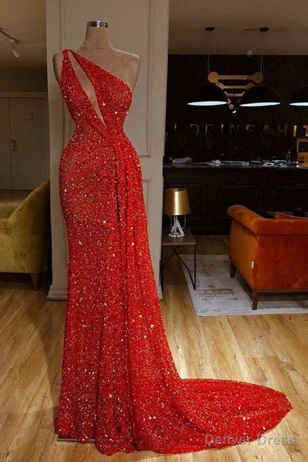 One Shoulder Red Prom Dresses Sequins Long On Sale Main image