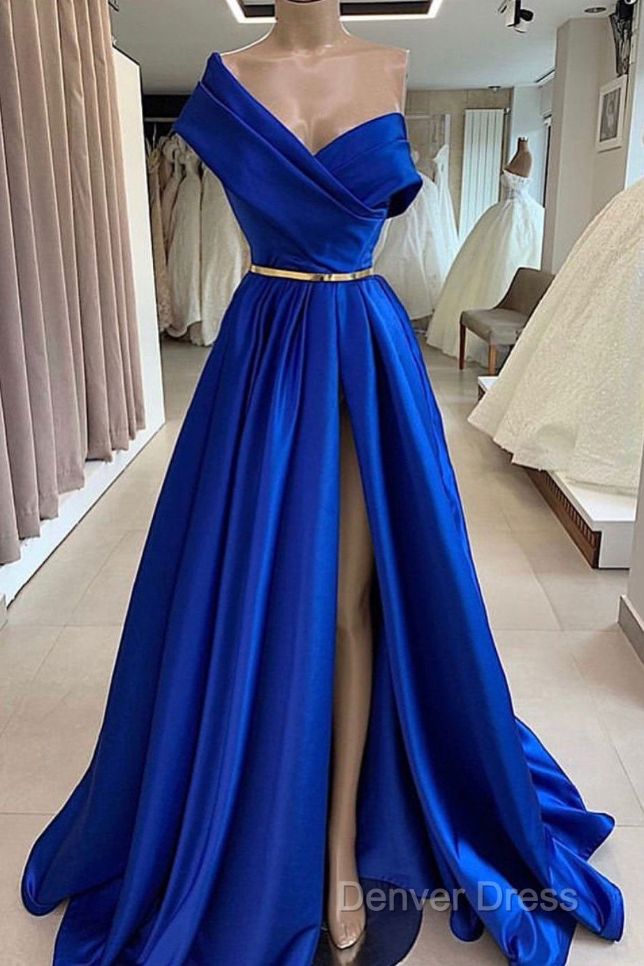 One Shoulder Royal Blue Floor Length Prom Dresses With High Slit, High Slit Royal Blue Long Formal Evening Dresses Secondary image