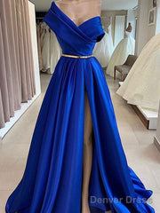 One Shoulder Royal Blue Floor Length Prom Dress With High Slit, High Slit Royal Blue Long Formal Evening Dresses