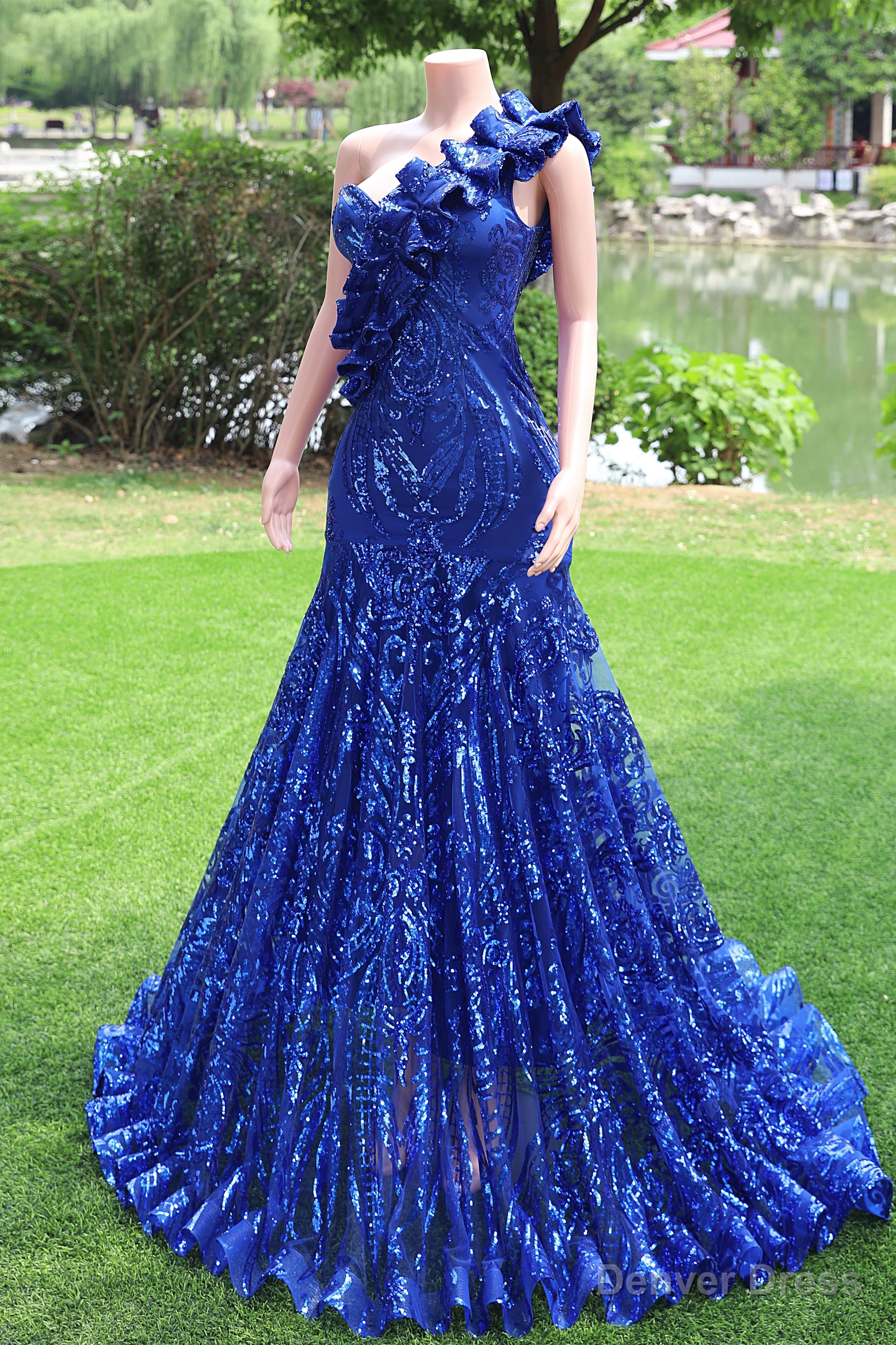 One Shoulder Royal Blue Prom Dresses Sequin Long Fromal Dresses Secondary image