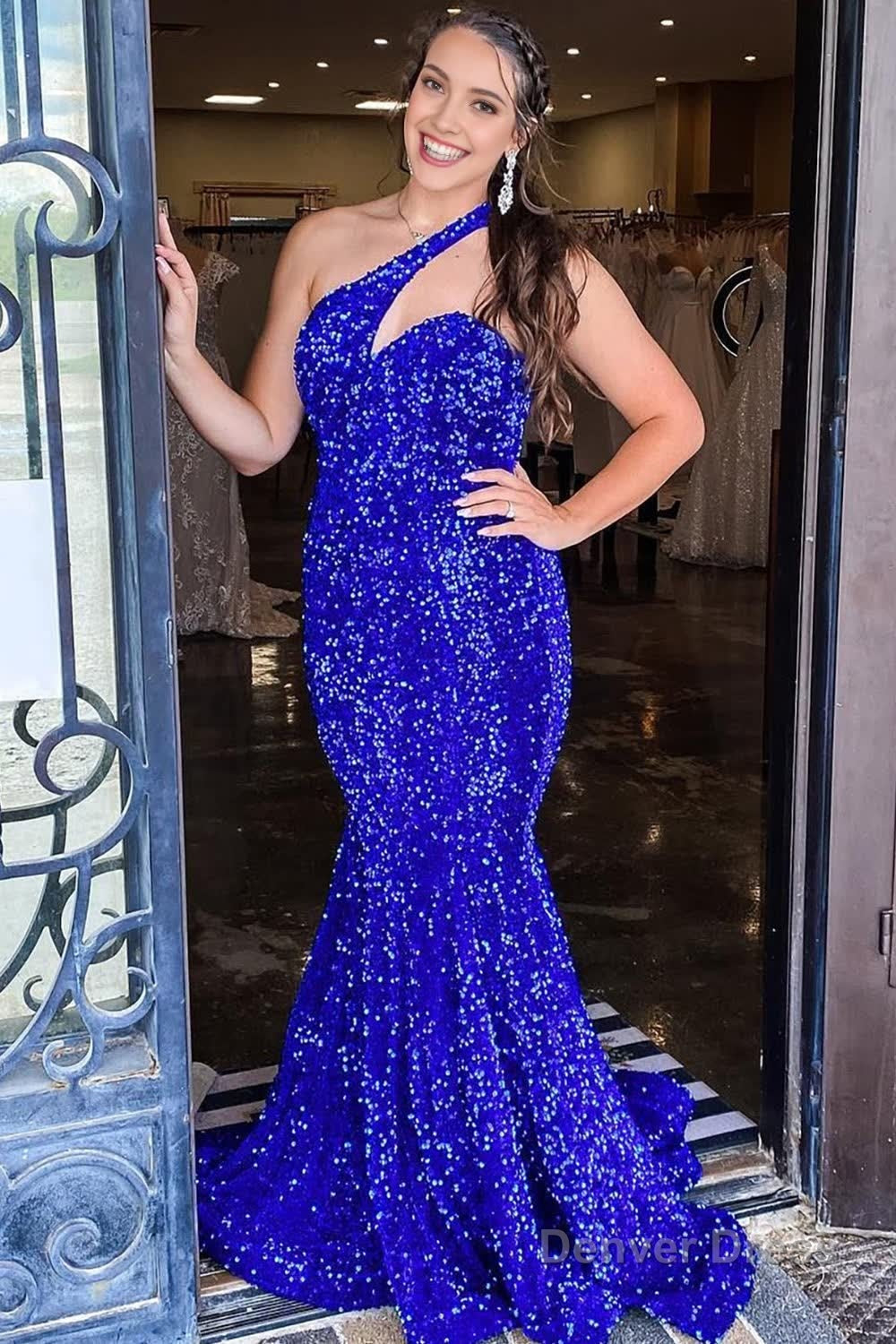 One Shoulder Royal Blue Sparkly Mermaid Sequins Long Prom Dress Main image