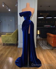 One Shoulder Royal Blue Velvet Evening Prom Dress With Slit