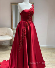 One Shoulder Satin Floor Length Prom Dresses Appliques