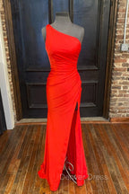 One Shoulder Satin Prom Dresses With Slit