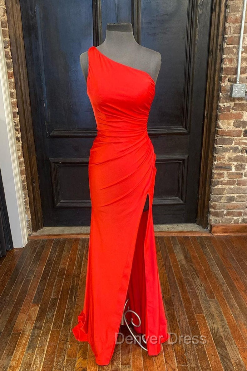 One Shoulder Satin Prom Dresses With Slit