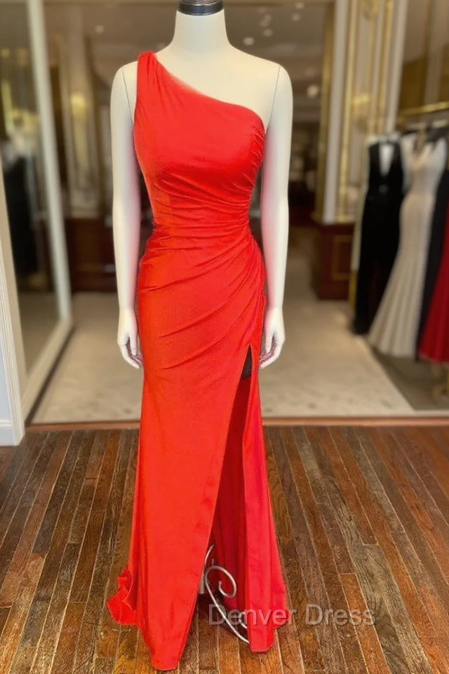 One Shoulder Satin Prom Dresses With Slit