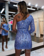 One Shoulder Sequins Homecoming Dresses with Sleeve