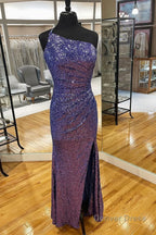 One Shoulder Sequins Mermaid Prom Dresses with Slit