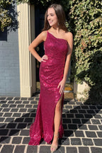 One Shoulder Sequins Mermaid Prom Dresses with Slit