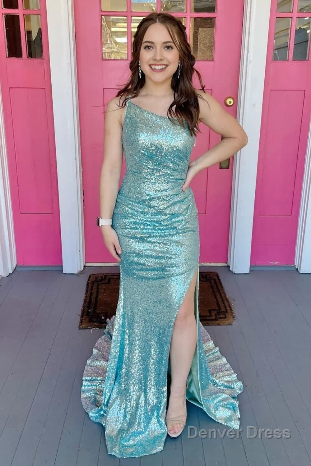 One Shoulder Sequins Mermaid Prom Dress with Slit Main image