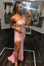 One Shoulder Sequins Mermaid Prom Dresses with Slit