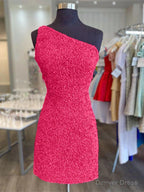 One Shoulder Short Hot Pink Prom Dress, One Shoulder Short Hot Pink Prom Homecoming Dresses