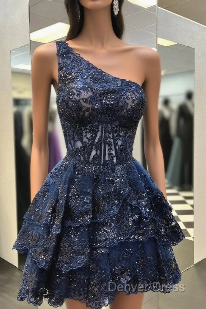 One Shoulder Short Navy Blue Lace Prom Dress, One Shoulder Short Navy Blue Prom Homecoming Dresses