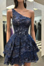 One Shoulder Short Navy Blue Lace Prom Dress, One Shoulder Short Navy Blue Prom Homecoming Dresses